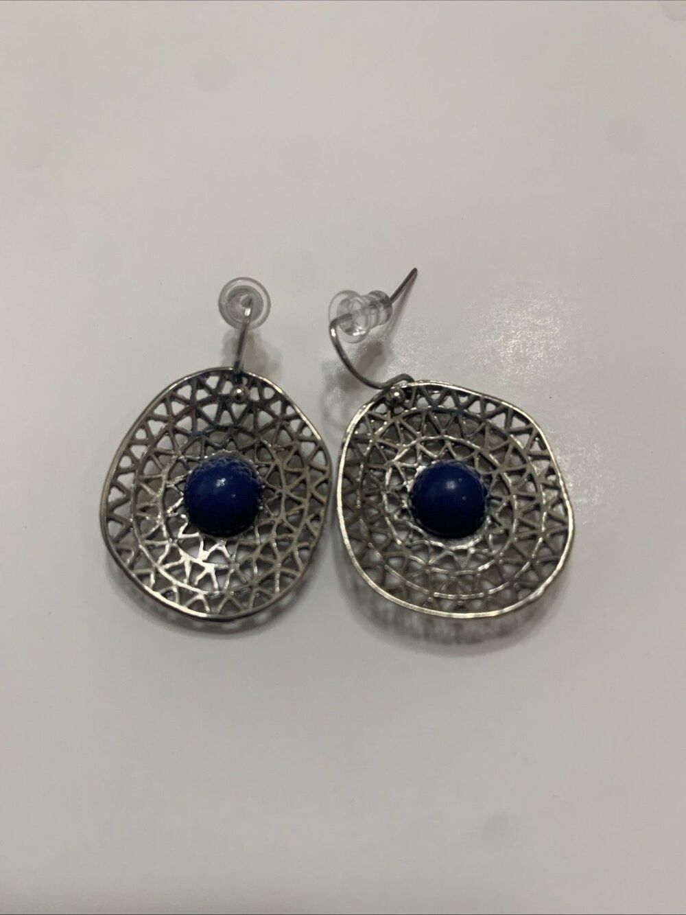 Vintage Silver Toned Metal with Blue Stone Dangle Earings